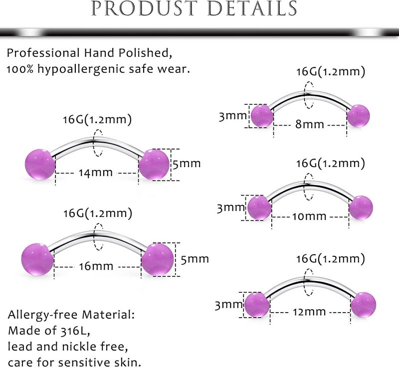 Hoeudjo 60PCS Vorious Sizes Snake Eyes Tongue Ring 16G Surgical Steel Snake Bite Piercing Jewelry Curved Barbell Eyebrow Rings Rook Daith Earrings for Women Men - Image 2